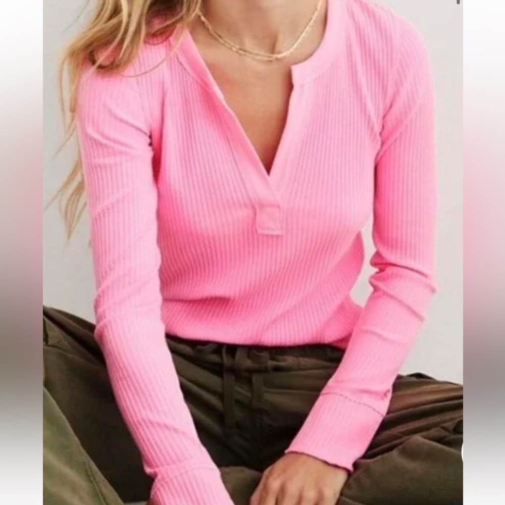 Aerie Fireside Long Sleeve Henley T-Shirt Pink Burst S